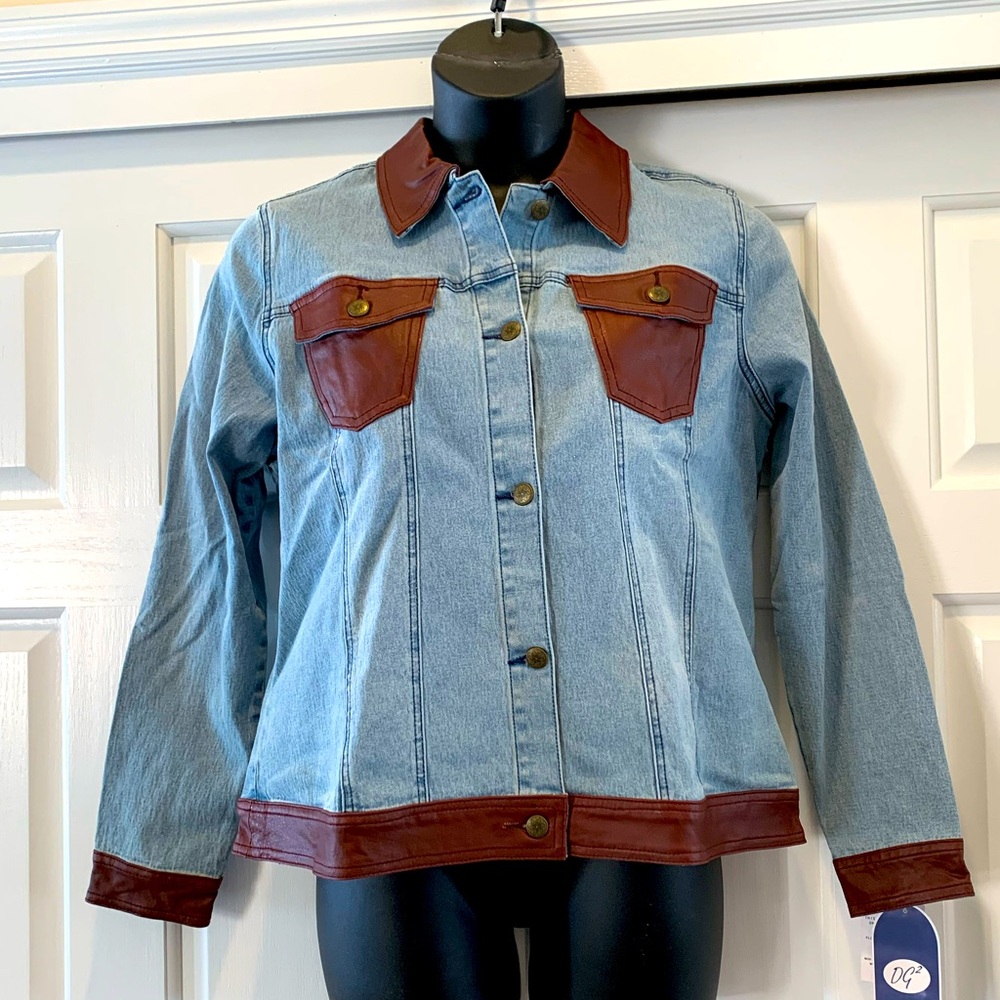 NWT Dianne Gilman super soft and stretchy leather trimmed jean jacket, size xL